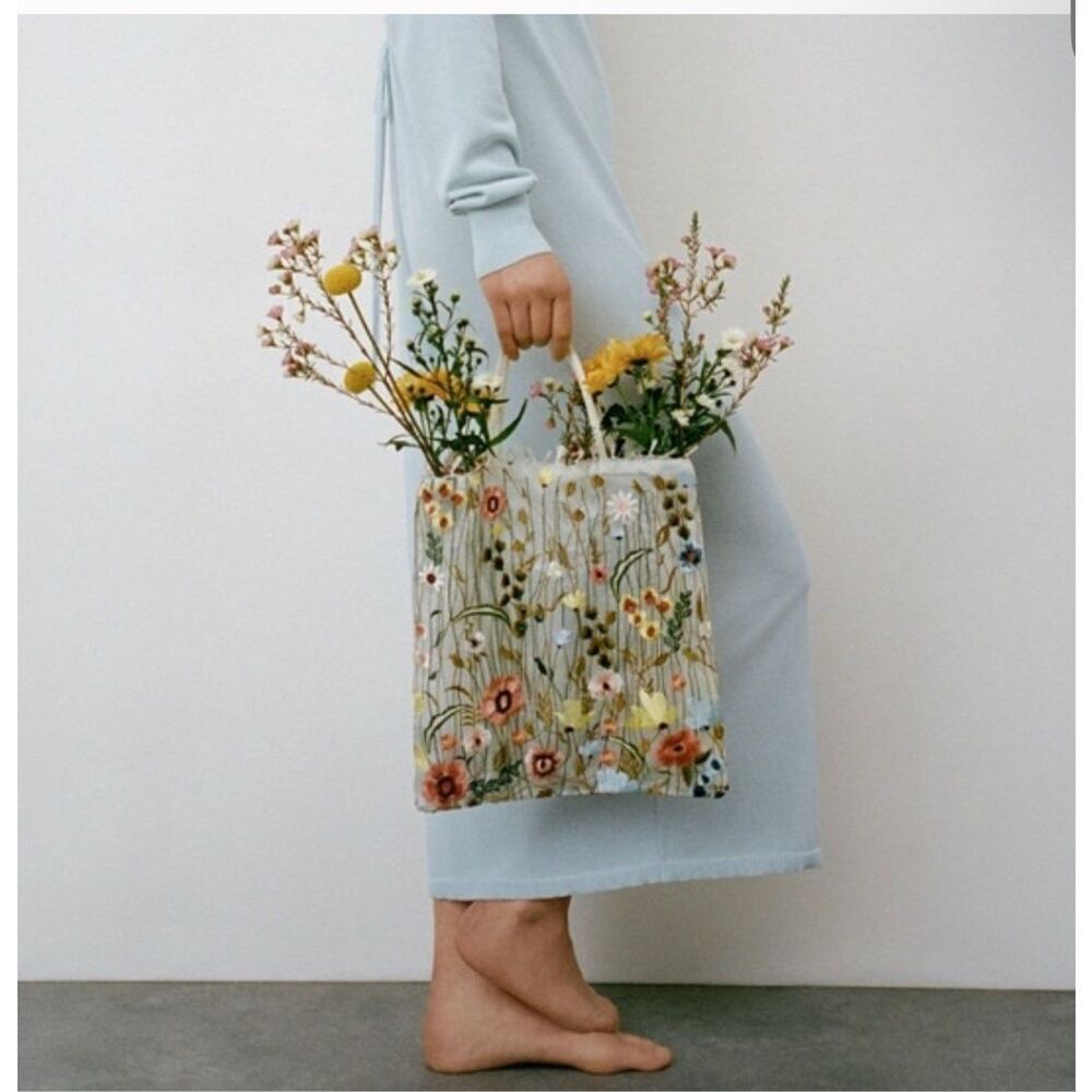 Zara NWT Tulle floral Embroidered tote bag cottage core
